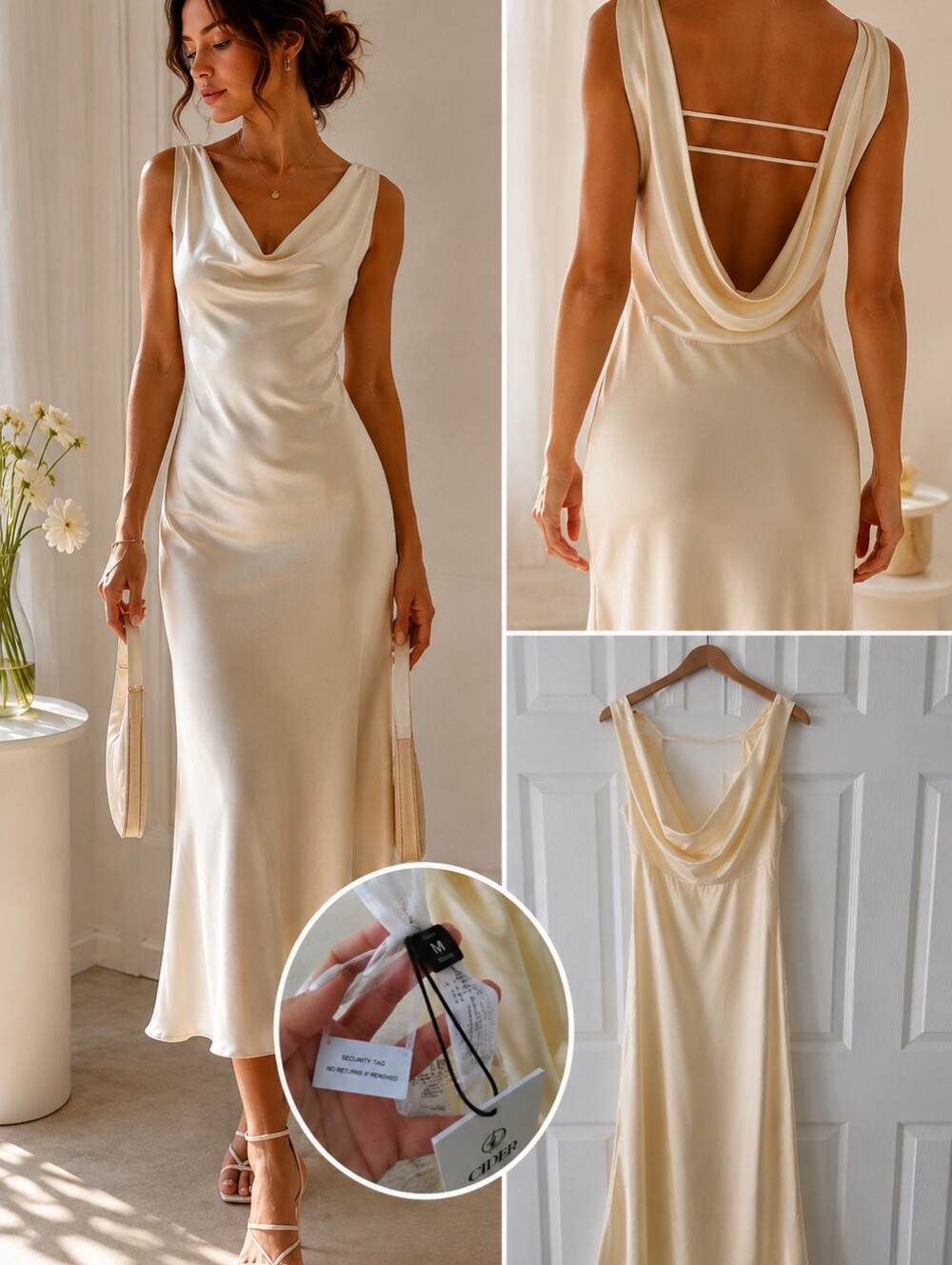 Cider Satin Cowl Back Slip Dress in Ivory